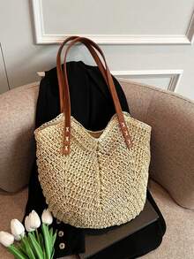 Bohemian Crochet Straw Tote Bag With PU Straps | Large Capacity Beach Shoulder Bag For Summer Vacation - White - View 1