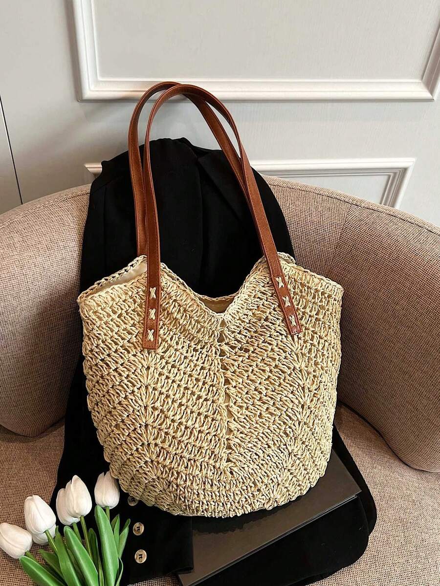 Bohemian Crochet Straw Tote Bag With PU Straps | Large Capacity Beach Shoulder Bag For Summer Vacation - White - View 1