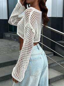 Women's White Semi-Sheer Short Knit Cardigan, Long Sleeve Top, Breathable Fabric Spring - White - View 1