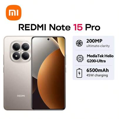 Xiaomi 小米 Redmi Note 15 Pro 全球版智能手机，支持 NFC，配备 6500mAh 大容量电池，支持 45W 超级快充，搭载 2 亿像素超清摄像头，采用康宁 Victus 2 代大猩猩玻璃，具备 IP65 级防尘防水，配备 6.77 英寸 FHD+ AMOLED 显示屏，搭载联发科 Helio G200 Ultra 八核处理器，最高主频可达 2.2GHz，运行小米 HyperOS 2 系统，支持蓝牙 5.3，存储卡可扩展至 2TB。