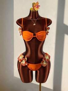 Neon Orange Ruffled Sexy 2 Pieces Bikini Set, With 3D Floral Design And Cutout Floral Decor, Suitable For Spring/Summer Beach, Pool Party, Graduation, Birthday, Dance Fashion Swimwear - Orange - View 3