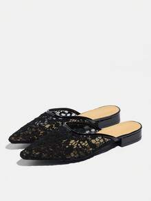 Giày sandal cao gót đế dày, mũi nhọn, thoáng khí, màu đen thanh lịch dành cho nữ, chất liệu ren lưới, kiểu dáng slip-on, thoải mái. - màu đen - Xem 13