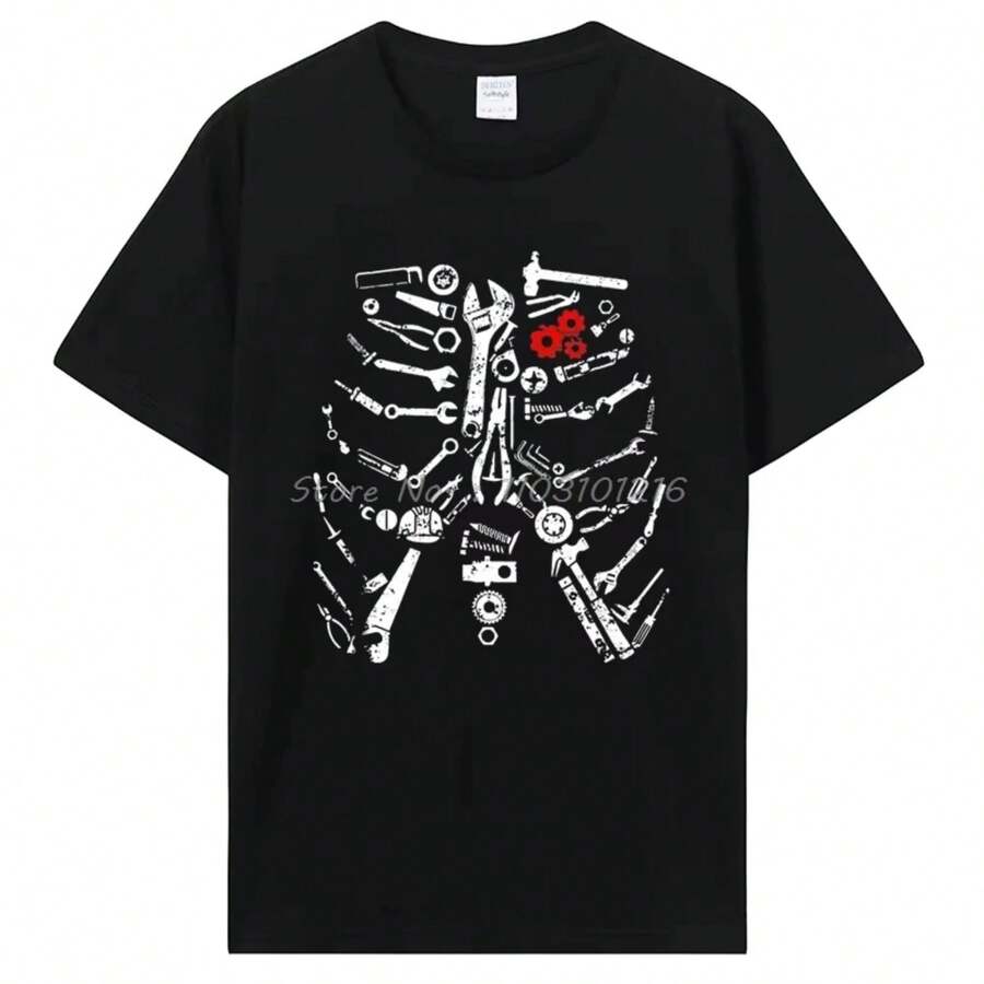 Mechanic Skeleton T-Shirt Craftsman Mechanic Tools  Unisex Tops Cotton Short Sleeve Tshirt Men Women Clothing Tees Y2k - 黑色 - 查看 1