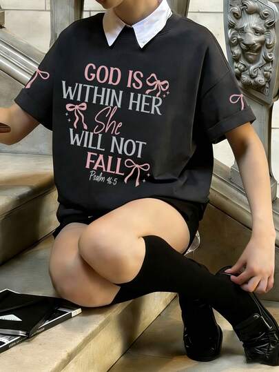 Tween Girls' Printed Short Sleeve T-Shirt, Student & Young Casual Tops, Summer Tops For Girls Ready To Play