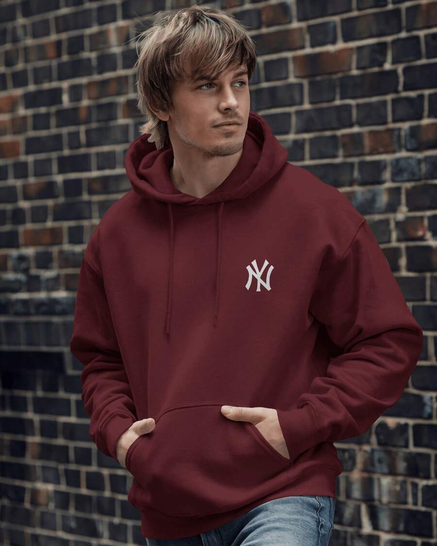 Hooded Sweatshirt With Pocket, Various Colors, Printed, MOL-040 NY - Maroon - View 1