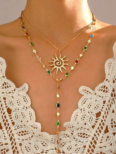 两件套Y型项链，时尚简约优雅复古几何不对称彩色水晶吊坠多层Y型项链，适合节日、派对、日常佩戴，亦可作为礼物。