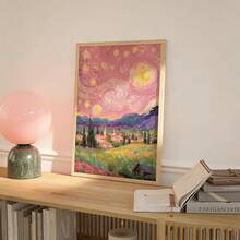 1幅粉色星空墙画，柔和色调日落油画帆布印刷品|现代印象派艺术装饰画，适合女孩卧室、宿舍、客厅或办公室家居装饰，印象派风景海报，送给艺术爱好者的礼物，可选择无框或有框 - 圖案 - 查看 4