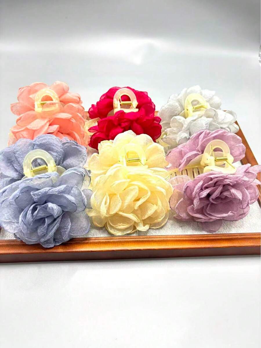 1pc Women's Chiffon Handmade Fabric Flower Hair Claw Clip - Multicolor - View 1