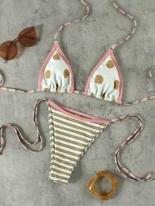 Novo Lançamento Primavera/Verão Vintage Casual Elegante Sexy Conjunto de Maiô Bikini Halter com Estampa de Poá e Listras, Copo Triângulo Roupa de Banho para Praia, Férias e Festa - Multicolorido - Visão 3