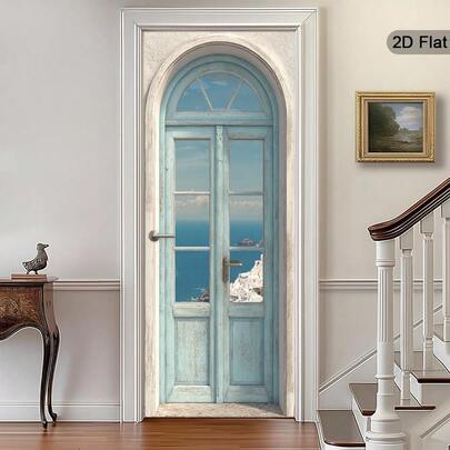 1/2pcs 2D Flat Coastal Landscape Wall Sticker, Mediterranean Theme Removable Self-Adhesive Door Sticker, Door Frame Decoration, Seascape Door Painting, Modern Door Decor, Halloween And Christmas Home Decor Sticker