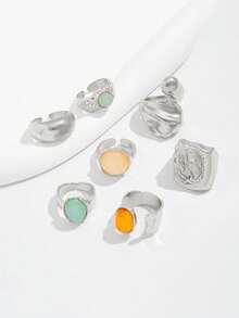 7件套熔岩液态金属不对称流动或锤纹质感复古波西米亚风格戒指，适合派对、送礼、日常佩戴 - 銀色 - 查看 3