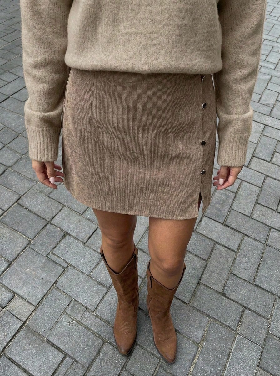 Buzzelle Rok Pendek Korduroi Model A-Line Ukuran Plus Wanita dengan Kancing Emas Dekoratif dan Detail Resleting, Tidak Melar - Khaki - View 1