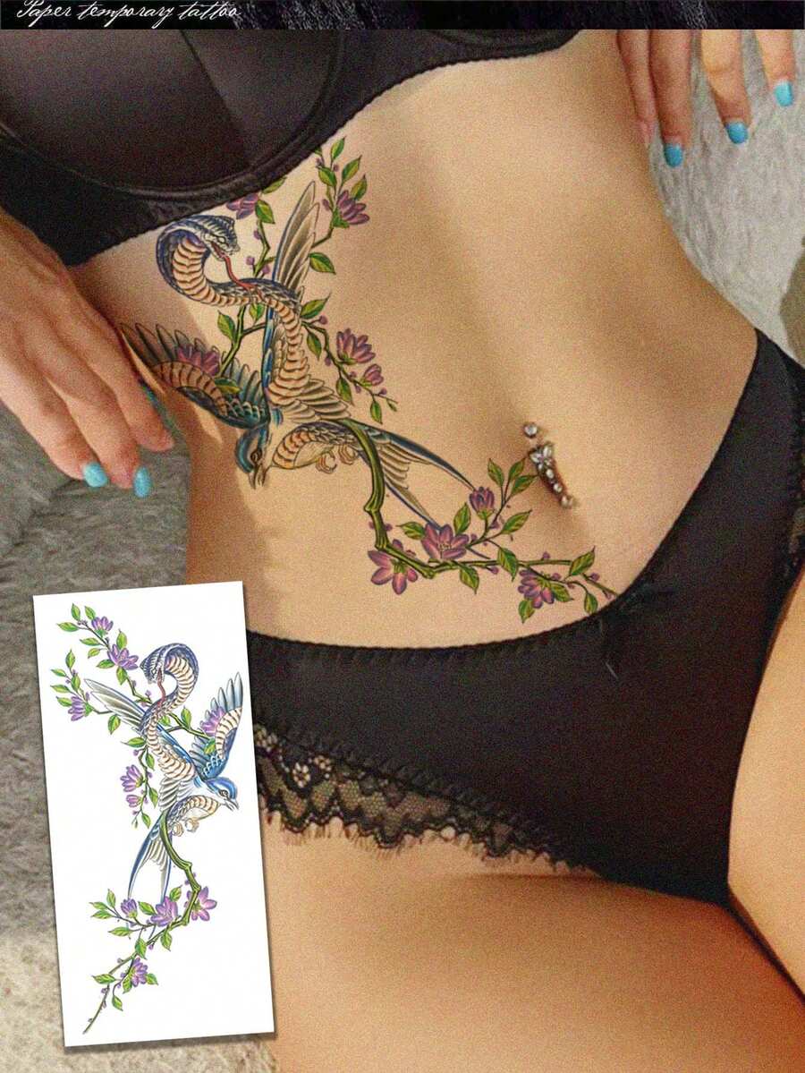 1 Blatt wasserfeste temporäre Tattoos, sexy Blumen, Vogel & Schlangen Tattoo Design Papier, Blumen Tier Tattoos für Frauen Taille & Oberschenkel, vielseitige unisex Körperkunst Fake Tattoos geeignet für Arm, Brust, Bauch & Rücken -, leicht anzubringen & zu entfernen - Verschiedenfarbig - Übersicht 1