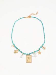 1件手工编织海龟、海星、珍珠和水晶不对称吊坠项链，波西米亚海滩风格 - 薄荷藍 - 查看 5
