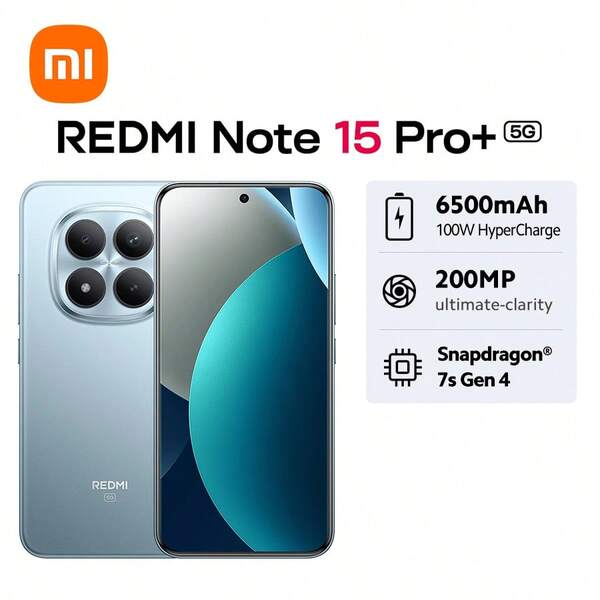 Xiaomi 小米 Redmi Note 15 Pro+ 5G 全球版智能手机，支持 NFC，搭载小米 HyperOS 2 系统，配备 6500mAh 大容量电池，支持 100W 超级快充，全新 2 亿像素超清摄像头，采用康宁 Victus 2 代大猩猩玻璃，支持 IP66/IP68/IP69/IP69K 防尘防水，配备 6.83 英寸 1.5K CrystalRes AMOLED 显示屏，搭载骁龙 7s 第四代八核处理器，最高主频 2.7GHz，支持蓝牙 5.4 和 Wi-Fi 6，音量提升高达 400%。