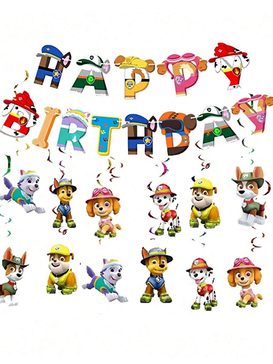 Paw Patrol 1/6 مجموعة شعار فريق وف باو باترول الجميل، علم حلزوني ، لافتة عيد ميلاد ، زهرة كلب ، مجموعة قلادات مناسبة لحفلات الأعياد والمناسبات الاحتفالية الأخرى - متعدد الألوان - مشاهدة 1