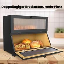 Brotkasten, 2 Etagen Brotkästen mit mit Brotschneidebrett, Holz Brot Aufbewahren, Brotaufbewahrung für Hörnchen, Brötchen, Brotaufbewahrung Küche (Schwarz, 40 * 25 * 33cm) - Schwarz - Übersicht 2