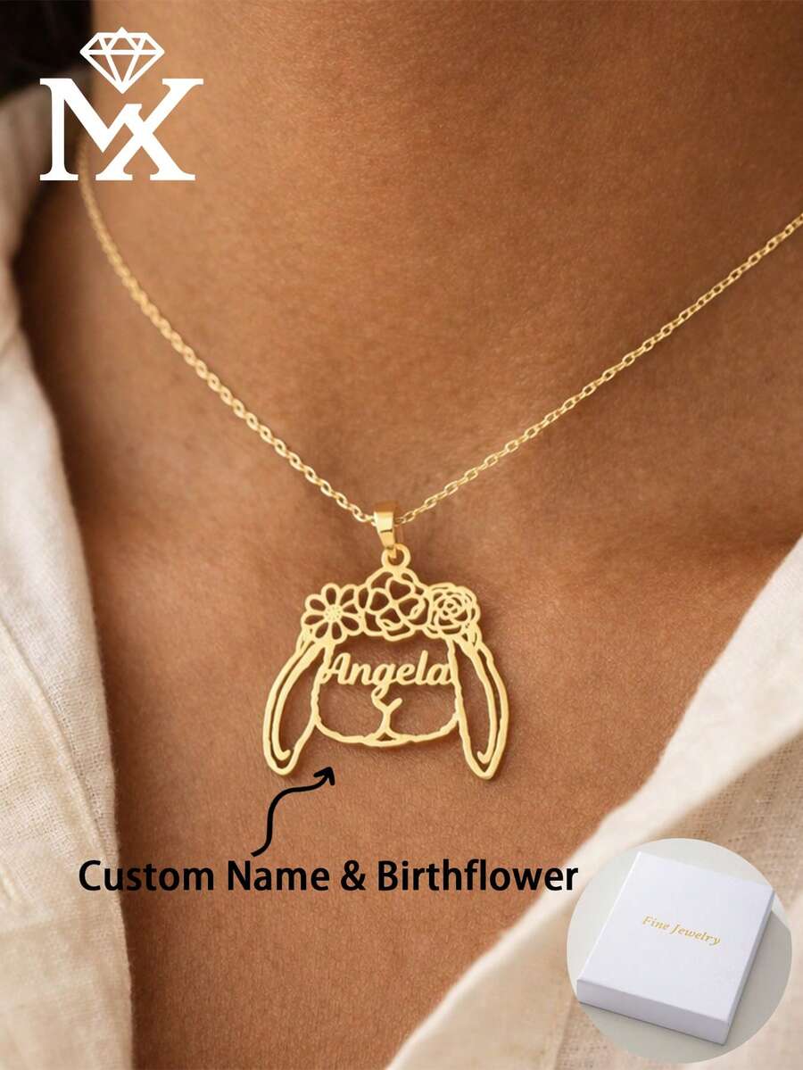 Custom Name Bunny Necklace With Birth Flower, Personalized Easter Jewelry Gift For Women, Pet Lover Holiday Present - Multicolor - View 1