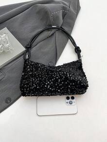 Casual Chic Sequin Shoulder Bag, Personalized Minimalist Large Capacity Crossbody Bag - Black - View 8