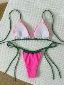 Set Bikini Halter Tanpa Punggung Warna Pink Polos Baru, Cocok untuk Pantai, Pesta Kolam Renang, dan Liburan Musim Panas. - Hot Pink - View 4