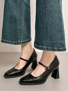 Giày cao gót 7cm kiểu retro quai ngang, mũi vuông, đế mềm, gót chunky, giày Mary Jane thanh lịch dành cho nữ năm 2026, thiết kế khóa cài, thích hợp cho công sở/tiệc tùng. - màu đen - Xem 2