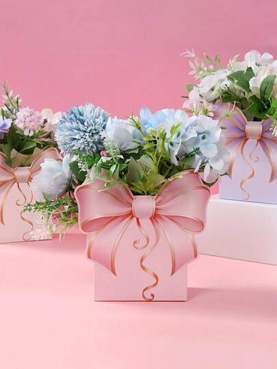 12pcs Bowknot Flower Box Set | Charming Bouquet Display Basket, Wedding Floral Decor Box, Afternoon Tea Table Decor, Graduation Gift Box, Butterfly Theme Birthday Party Tabletop Decor, Made Of Paper