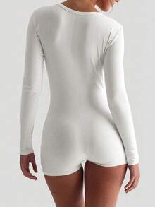 Vaiaye 女士 V 领纽扣纯色简约连体裤 - 修身长袖短款连体裤，适合健身、性感百搭的户外运动、毕业典礼、返校季、秋冬季针织连体裤，春季优雅白色 - 白色 - 查看 10