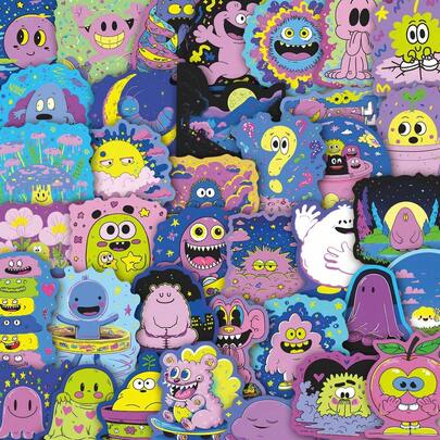 63张色彩缤纷、趣味十足的抽象涂鸦贴纸，防水材质，适合装饰手机壳和笔记本电脑，是节日礼物的完美之选。