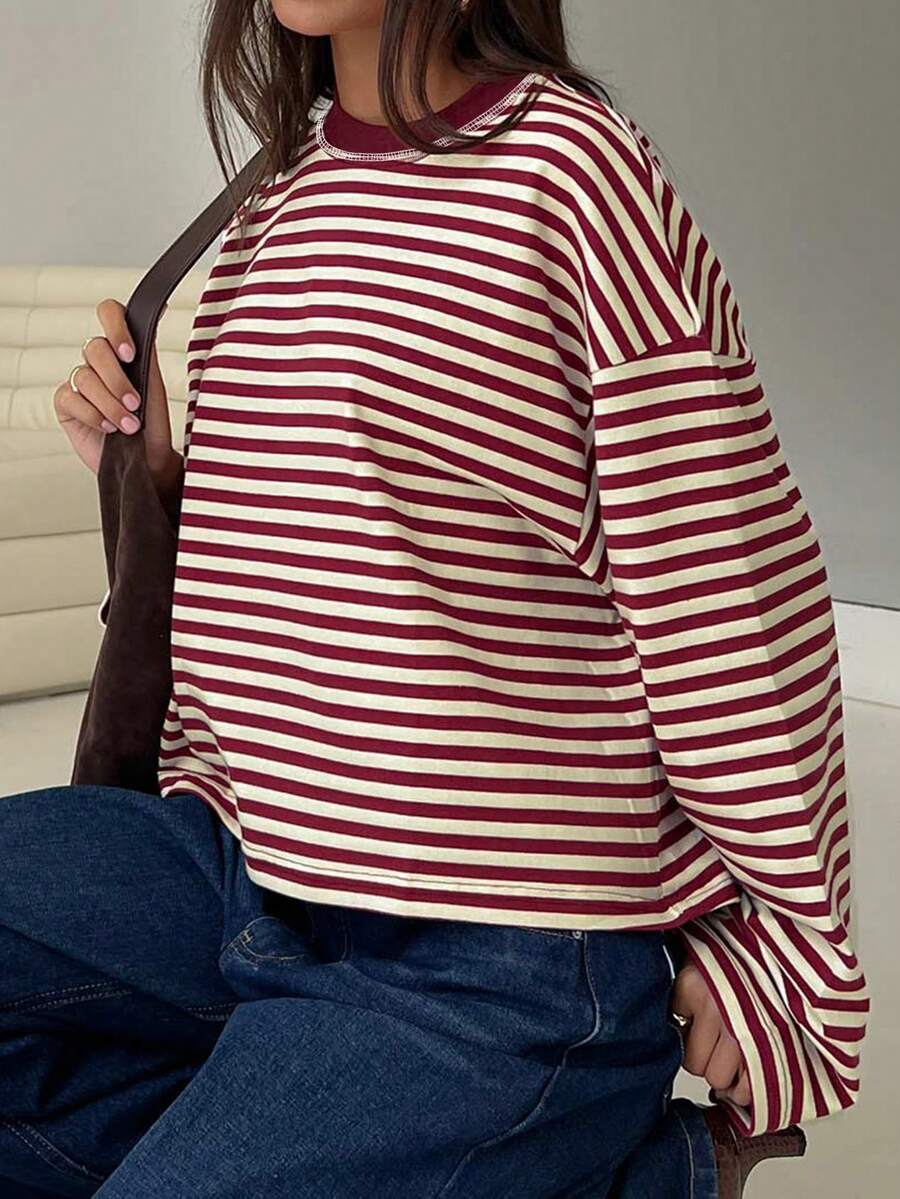 Women's Casual Top, Striped Color Block Ribbed Everyday Wear Spring