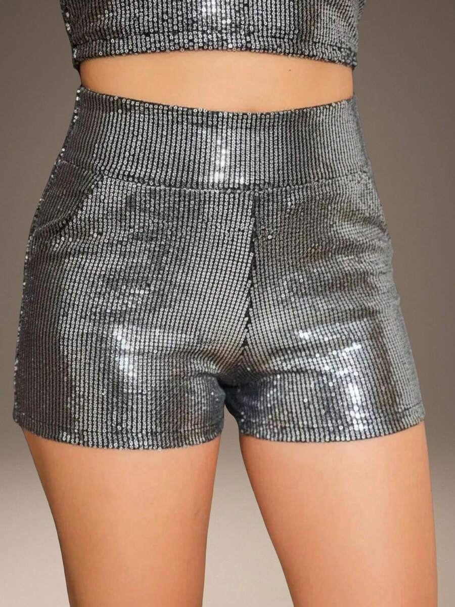 Short Bermuda Style With Elastic Waistband, Sequins, Party/Clubbing Glitter. - 銀色 - 查看 1