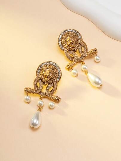 复古美杜莎玻璃宝石耳环，古董金水钻玻璃珍珠吊坠耳环，独特设计