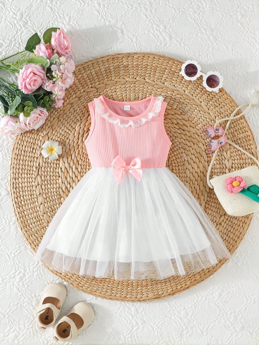 Đầm công chúa không tay màu hồng phối lưới trắng nhiều lớp cho bé gái, cổ ren. - Hồng - Xem 1