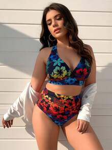 2026 New Plus Size Colorful Hibiscus Print Two-Piece Swimwear, Halter Push-Up Design, European Style High Waist Tummy Control Swimsuit - Pha trộn màu - Xem 2