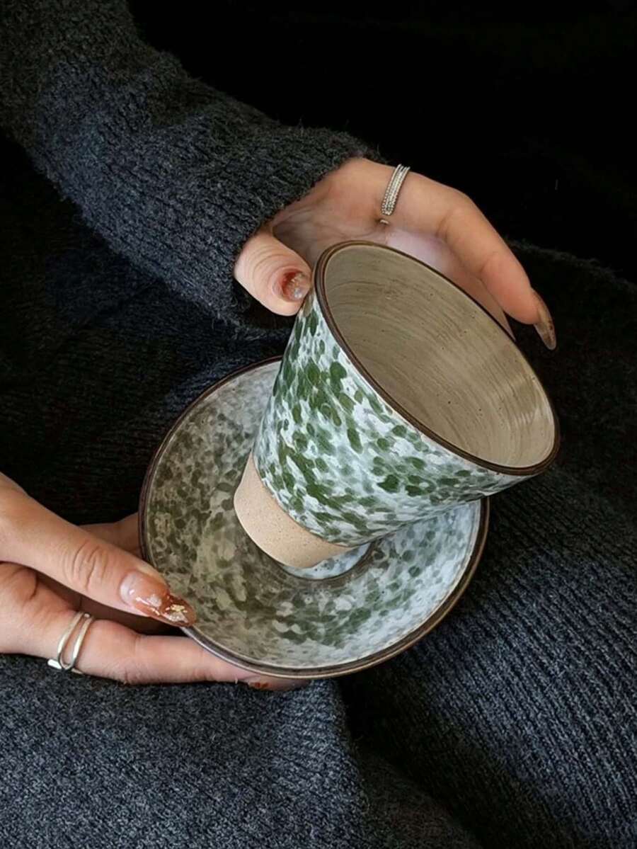 1 Set Retro Thick Pottery Mountain Mist Mocha Coffee Cup & Saucer, Japanese Coolie Hat Latte Mug, Niche Gift Cup & Saucer Set, Suitable For Home, Restaurant, Cafe, Gathering - Green - View 1