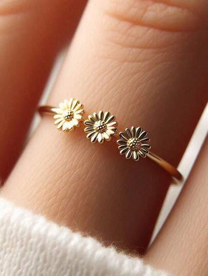 1 pieza Anillo delicado con 3 flores de margarita, adecuado para uso diario de mujeres, compromiso, fiesta, aniversario de boda, regalo del Día de San Valentín