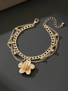 1pc Vacation Style Line & Tassel Golden Flower Pendant Multilayer Anklet For Women (No Gift Box) - 金色 - 查看 3