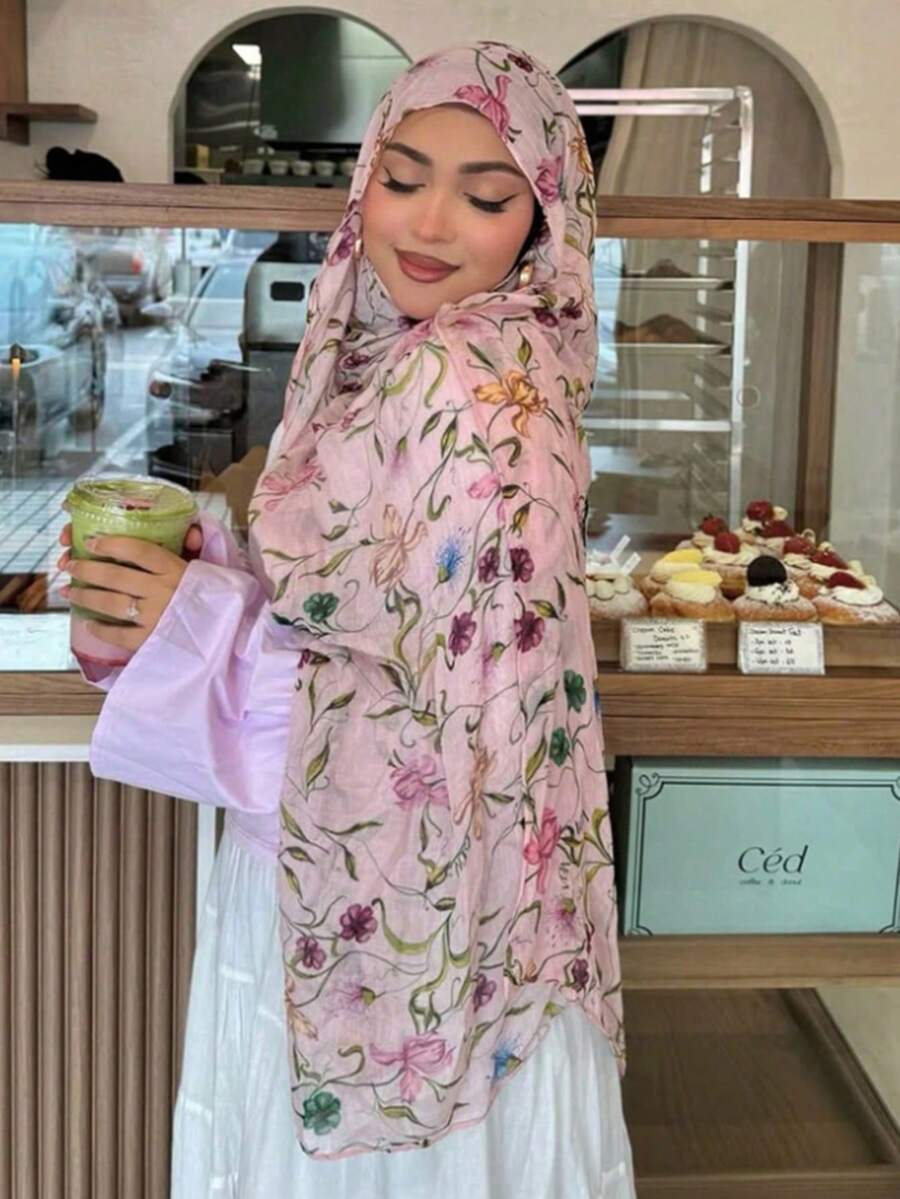 1件印花头巾，时尚优雅简约清新女士围巾，轻盈头巾，适合日常佩戴和祈祷（罩袍）