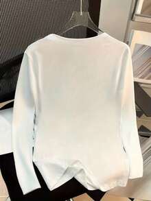 Kaos Lengan Panjang Musim Gugur, Atasan Putih Serbaguna dengan Kerah U Besar, Kemeja Dalaman Warna Polos yang Melangsingkan untuk Wanita Kasual - Putih - View 6