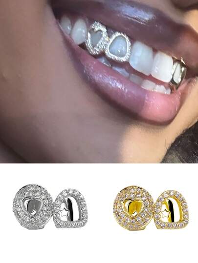 1pc Unique Hollow Heart & Snowflake Shiny Hip Hop Tooth Jewelry, Unisex Party Music Festival Photo Prop, Holiday Gift