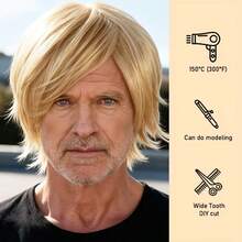 Men'S Golden Wig Short Layer Straight Hair Synthetic Halloween Role Playing Male Wig With Buckle Net - Multicolor - View 3