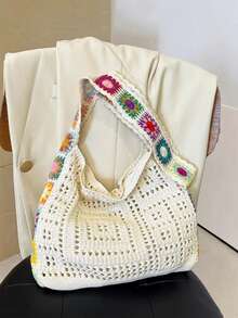 Yogodlns Minimalist Knit Shoulder Bag Boho Crochet Handbag Vintage Lace Hollow-Out Purse For Women Casual Crossbody Underarm Bag Fashion Mesh Crochet Shoulder Bags Casual Shopper Tote Bag Large Capacity Knitted Travel Purse And Handbag For Women - Beige - View 10