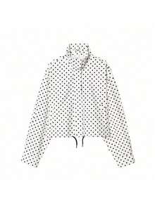 HLPHA Chaqueta elegante y casual de mujer para primavera/verano con lunares, tela arrugada, cremallera con cordón, cuello acanalado, para graduación y diversas ocasiones - Blanco - Ver 4