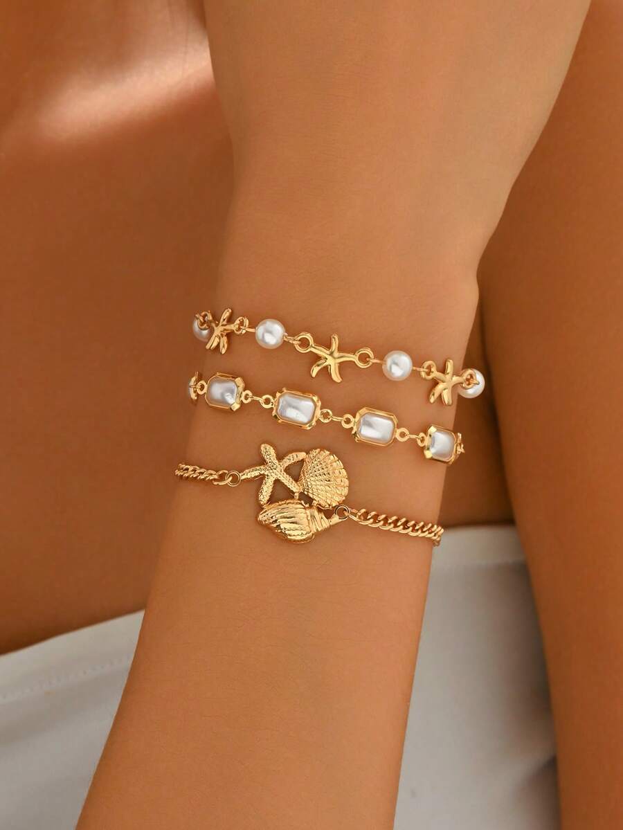3pcs/Set Ocean Vacation Style Handmade Faux Pearl Metal Starfish Shell Seashell Marine Life Jewelry Set, Suitable For Daily Wear, Casual, Beach Travel - Multicolor - View 1