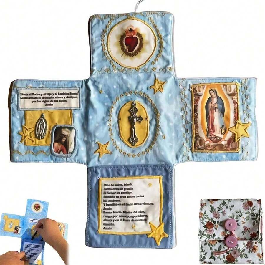 Handcrafted Pocket Devotional Faith Edition Cross-Shaped Fabric Pouch Sewing Pocket Devotional With Cross Saint Images Prayers - Multicolor - View 1