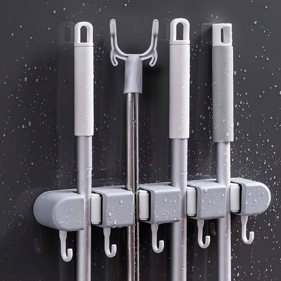 Wall-Mounted Mop And Broom Holder | No-Drill Adhesive Storage Box For Bathrooms | Heavy-Duty Plastic With Flexible Silicone Clips | Multi-Hook Design For Home Cleaning Tools | Space-Saving, Easy To Install, Bathroom Organizer And Storage