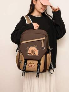 1pc Cute Water Vole Pattern Contrast Color Backpack, Large Capacity Lively Student Backpack, Multi-Pocket Design, Fashion Backpack, Practical Handbag, Personalized Lightweight Backpack. Note: Strap Color Is Randomly Shipped. - Khaki - View 5
