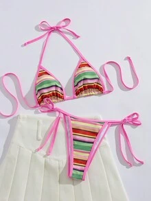 Women's Leopard Print Patchwork Tankini Top And Bottom Casual Swimsuit Set, Summer Vacation Beach - Multicolored Stripes - View 2