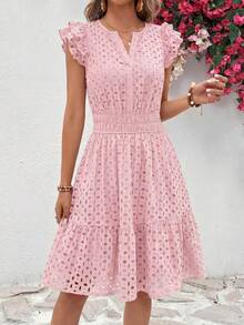 Women's Summer Dresses Eyelet Cap Sleeve V Neck Short Boho Wedding Guest Graduation Dress Beach Vacation Sundresses Rose Red Dresses For Women - Hồng - Xem 5