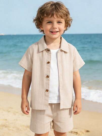 男童纯色休闲短袖上衣短裤三件套，夏季