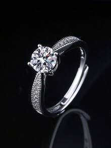 1pc Fashionable & Personalized Gold Stainless Steel Gift Box Packed Classic Four-Prong Setting 1 Carat Cubic Zirconia Adjustable Ring For Women's Special Occasions - Silver - View 4